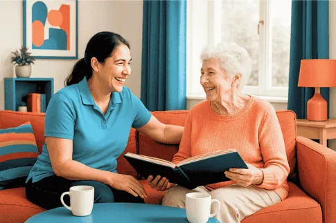 Smiling caregiver in a turquoise polo shirt sharing a moment with an elderly woman in a warm home setting over an open book. {{brizy_dc_image_alt imageSrc=
